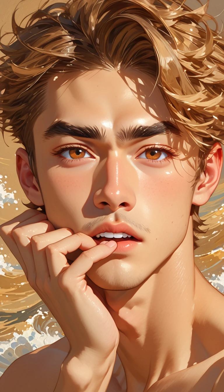 1 male, Impressionist style, Brushwork, hazel brown eyes, sharp brows, long eyelashes, skin tawny, deep tan, curtain bangs, tapered undercut, middle part, textured waves, golden brown hair, highlights, almond eyes, slight upward tilt at outer corners, strong facial features, hair is a mop of tousled waves, voluminous hair , Adam's Apple, lower back dimples, canine teeth slightly set back (one chipped), rough and tumble, defined/sharp jawline, faint cleft, high cheekbones, lips (dark coral, plush, deep commissures, Cupid's bow), thick flat brows with a slight arch (nick scar on right), straight nose (narrow bridge), small mole near ear, smooth face, no facial hair, blonde eyebrows, naked, whimpering, jerking off, one hand covering mouth, one eye closed, full body shot