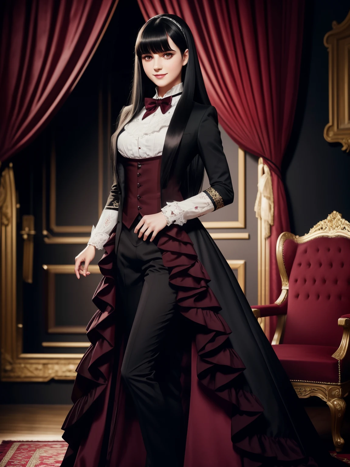 butler outfit, long black hair, maroon red eyes, bangs, Gothic art, full body shot, elegant pose, smile, Romanticism, masterpiece, anatomically correct, high quality, super detail, best quality, 4K, 8k