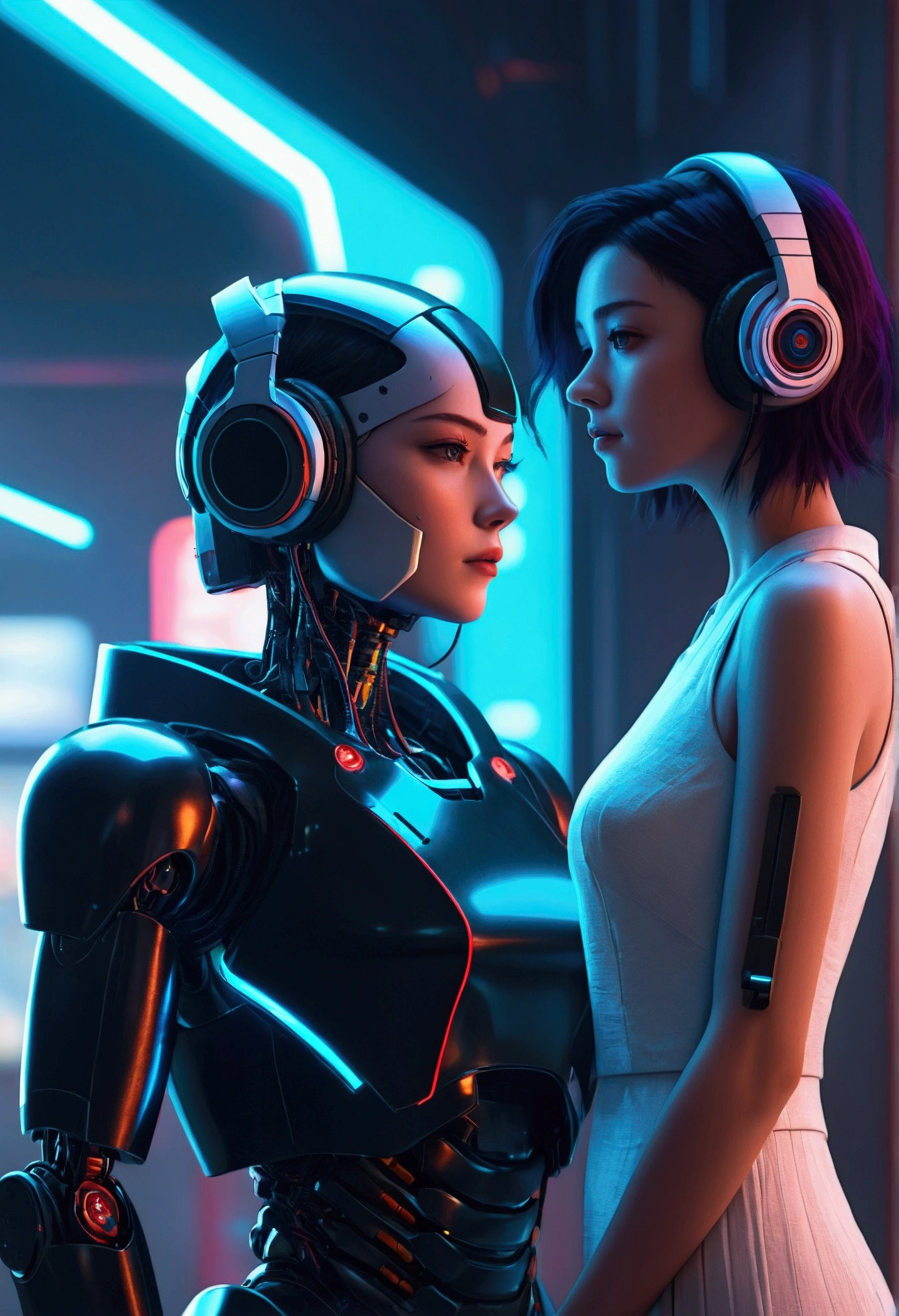 a woman with headphones standing next to a robot, cyberpunk art by Jason A. Engle, cgsociety, retrofuturism, ilya kuvshinov, sci-fi, futuristic, vibrant, photorealistic, realistic, dramatic, cinematic lighting, sharp focus, 8k