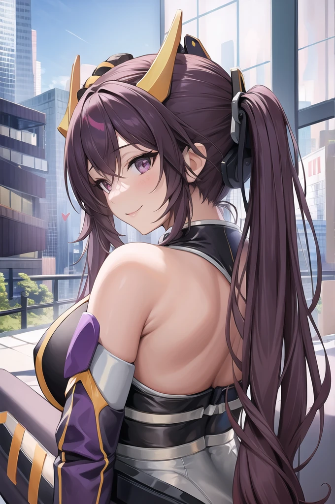 (masterpiece, best quality:1.2), intricate details, ip2, 1girl, headgear, bodysuit, bare shoulders, twintails, elbow gloves, light smile, large breasts, mature female, purple eyes, big ass, looking from behind.