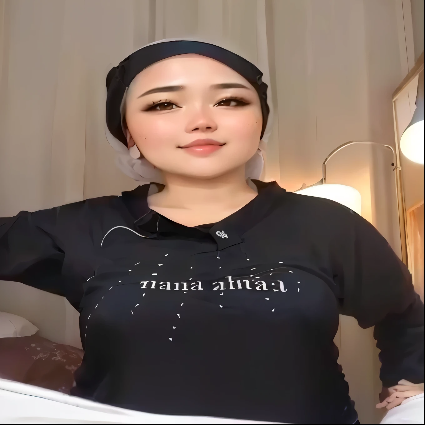 there is a woman that is standing in front of a bed,   wearing open, open breast 1.3, sie boob, propotional body, perut terlihat hamil mud 1.2, ruan cute vtuber, low quality video, hana alisa omer, hijab. No panties.