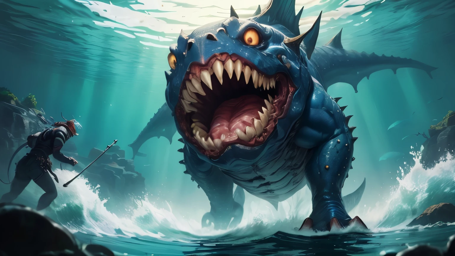 ((best quality)), ((masterpiece)), (detailed), A digital illustration of people being attacked by underwater monsters in a dark, murky ocean setting