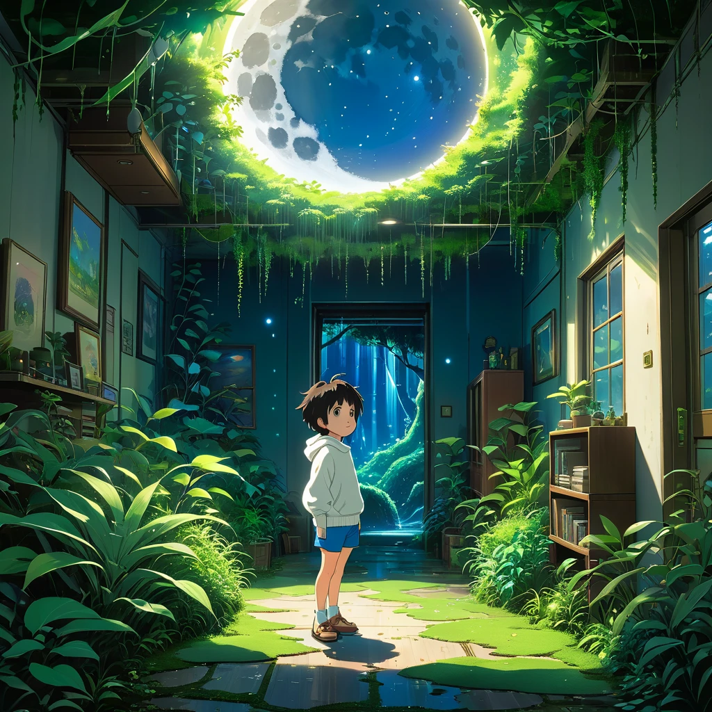A cartoon toddler boy in white sweater and blue shorts stands amidst a room adorned with lush plants and a lush nocturne forest scenario, a hole in the ceiling adorned with moss and vines reveals a shiny moon, biophilic and solarpunk place, encapsulated in an anime background reminiscent of Makoto Shinkai's and Cyril Rolando's artistry. The ambiance echoes the enchanting style of Studio Ghibli, with a magical environment that could belong to a Ghibli anime movie, all rendered in the beautiful and distinctive art style of Makoto Shinkai.
