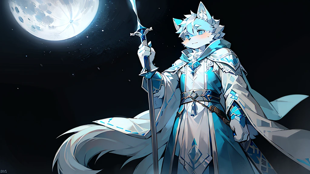 White Wolf Orcs,male,Blue pupils,Blue and white robes,Silver-white cloak,fuzzy,Carrying a sword at the waist,Hand on the hilt,Calm,Background snow,vast expanse of whiteness,night,Bright Moon