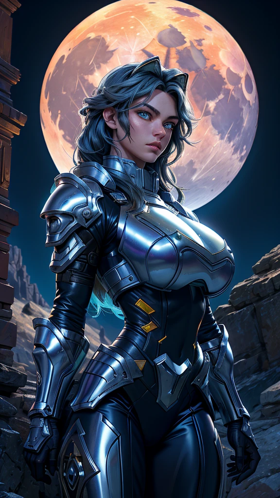 masterpiece, best quality, beautiful lighting, ultra detailed, hyperresolution (dark theme:0.9), 1girl, alluring, (cowboy shot), (large breasts), warrior women, (giant moon behind:1.2), blue moon, armor, ancient armor, (gradient eyes, detailed eyes), dark colors, Volumetric lighting, Alphonse Mucha dynamic lighting hyperdetailed intricately detailed, (hdr:1.22), muted colors, complex background, hyperrealism, hyperdetailed,
