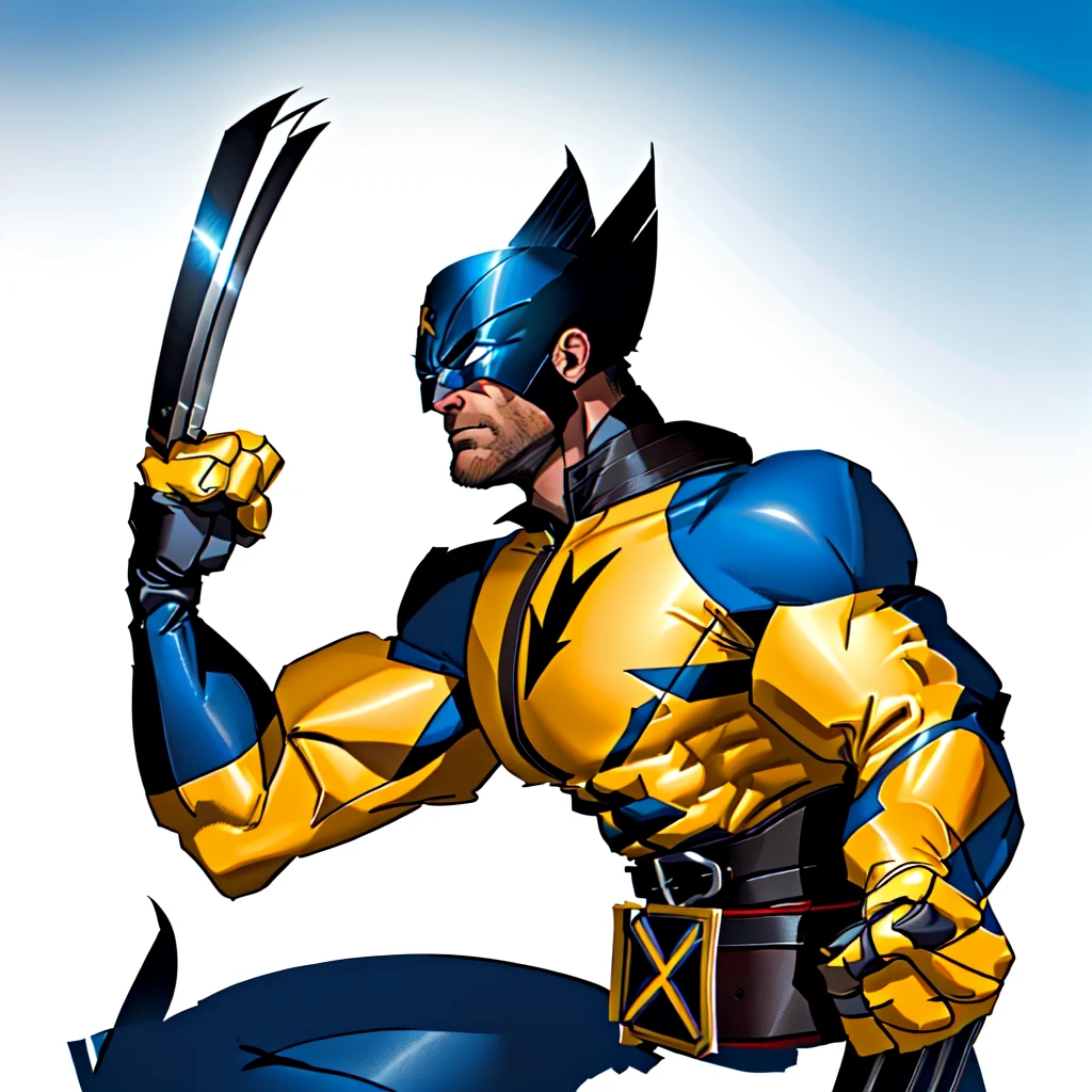 Master Piece, best quality, (extremely detailed CG unity 8k wallpaper), (best quality) 8k detail. COMIC ART, wolverine with a three knives coming out of his glove from both hands, wolverine action pose, wolverine, portrait of wolverine, 90s comic book character design, digitally colored, yellow x-man costume, wolverine gloves and helmet are blue, bare skin on arms and face, belt is brown, large X on belt buckle is black inside a red square, menacing pose, INSPIRED BY PARIS KAROUNOS, menacing pose