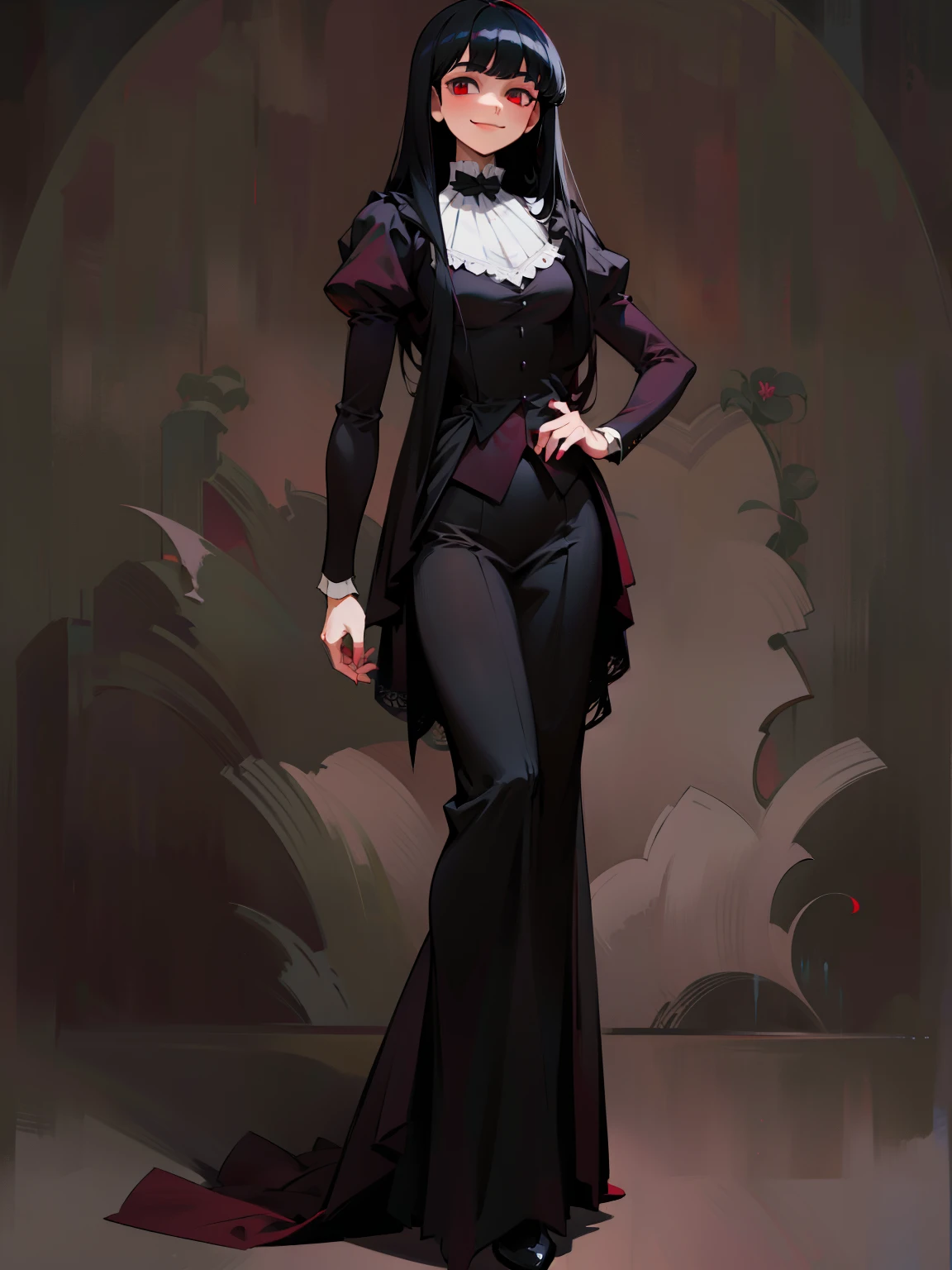 butler outfit, long black hair, maroon red eyes, bangs, Gothic art, full body shot, elegant pose, smile, Romanticism, masterpiece, anatomically correct, high quality, super detail, best quality, 4K, 8k