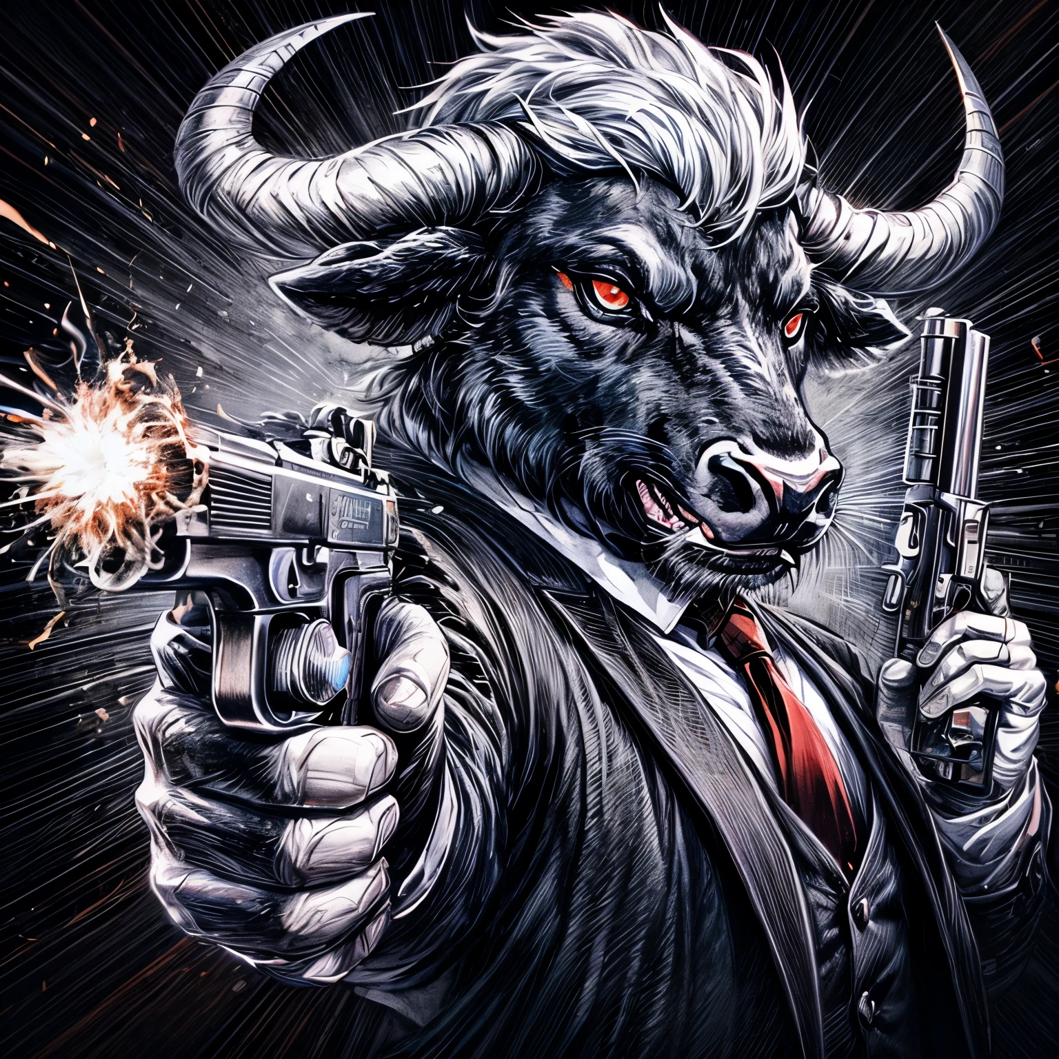 {worst quality, low quality}, close-up, A dynamic illustration of a mafia black bull with a white mane on his head firing two pistols, the bull's eyes are red, and realistic illustration, muste piece, best quality, Super detailed, masterpiece,
