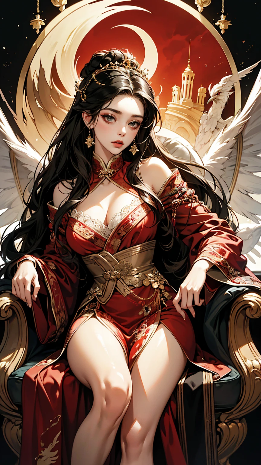 {
"prompt": "Empress Xian Li, the Eternal Crescent, a highly detailed illustration in a 4K resolution. She is depicted with fair, flawless skin and long, straight raven-black hair styled in an intricate updo adorned with an elaborate crown made of gold and precious jewels. Her piercing cold gray eyes and deep red lips provide a stark contrast to her pale complexion. Xian Li wears resplendent imperial robes made from the finest silks, in shades of deep red, black, and gold, with intricate embroidery and delicate lace. The robes feature symbols of the crescent moon, dragons, and phoenixes. The background includes elements of the imperial palace, with grand pillars, opulent tapestries, and a majestic throne, emphasizing her divine authority and the grandeur of her reign. She has a serene and emotionless expression, highlighting her royal status and ethereal beauty.",
"size": "1024x1792"
}