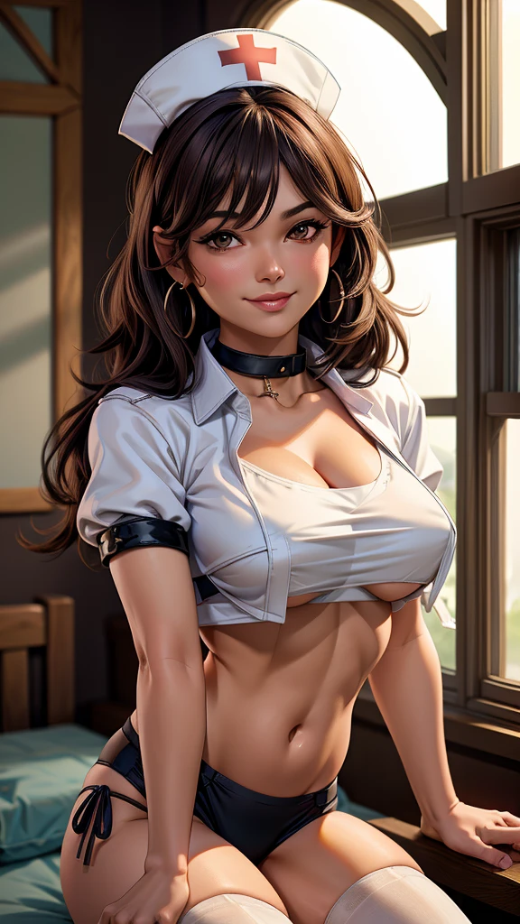 1girl, solo, long hair, breasts, looking at viewer, blush, smile, bangs, brown hair, black hair, thighhighs, hat, navel, cleavage, brown eyes, jewelry, medium breasts, underwear, panties, short sleeves, thighs, earrings, choker, black thighhighs, indoors, white panties, collar, covered nipples, lips, crop top, window, thigh strap, cross, no pants, side-tie panties, nurse cap, nurse