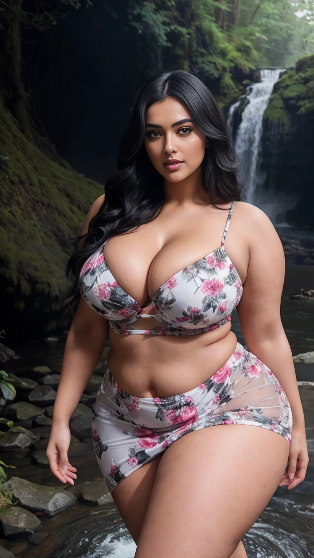 Radhika marchent Indian beautiful woman curvy hourglass voluminous figure huge woman, Close view of the camera, big and huge chest m-cup, Wearing SHEIN Elegant Spaghetti Strap Dress with Floral Print and Mesh Overlay for Summer , covered bust , elegant standing position, eye contact vision, different style hairstyle, glare eyes, tthin eyebrows, skin fair, blush cheeks, prefect View from head to toe, whole body, ideal for high fashion or editorial shoots, Ultra realistic skin texture, View from head to toe, whole body shot, whole body view, smilling face, Bblack hair, Indian face, perfect clear skin tone, Ultra realistic skin texture, bigger waist, busty, big haunches, fleshy thighs, thick-thighs, busty, whole body view, isolated waterfall: A serene, waterfall in a forest environment.