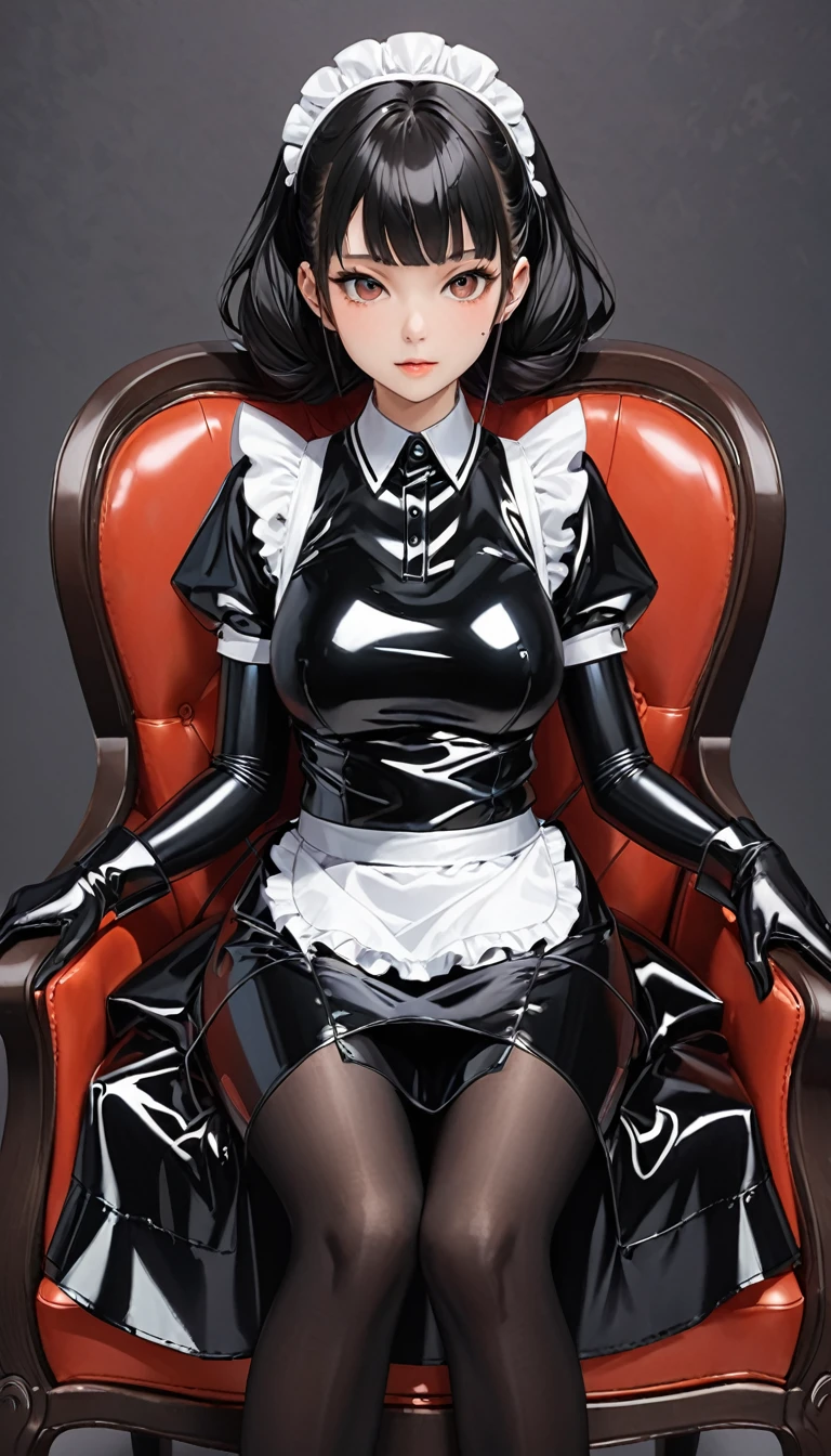 25Japanese old and young、(beautiful face)、(Black latex maid outfit)、Long black latex skirt、Black long-sleeved latex shirt、Long black latex gloves、black latex pantyhose、Latex has a very strong shine、seated in a chair