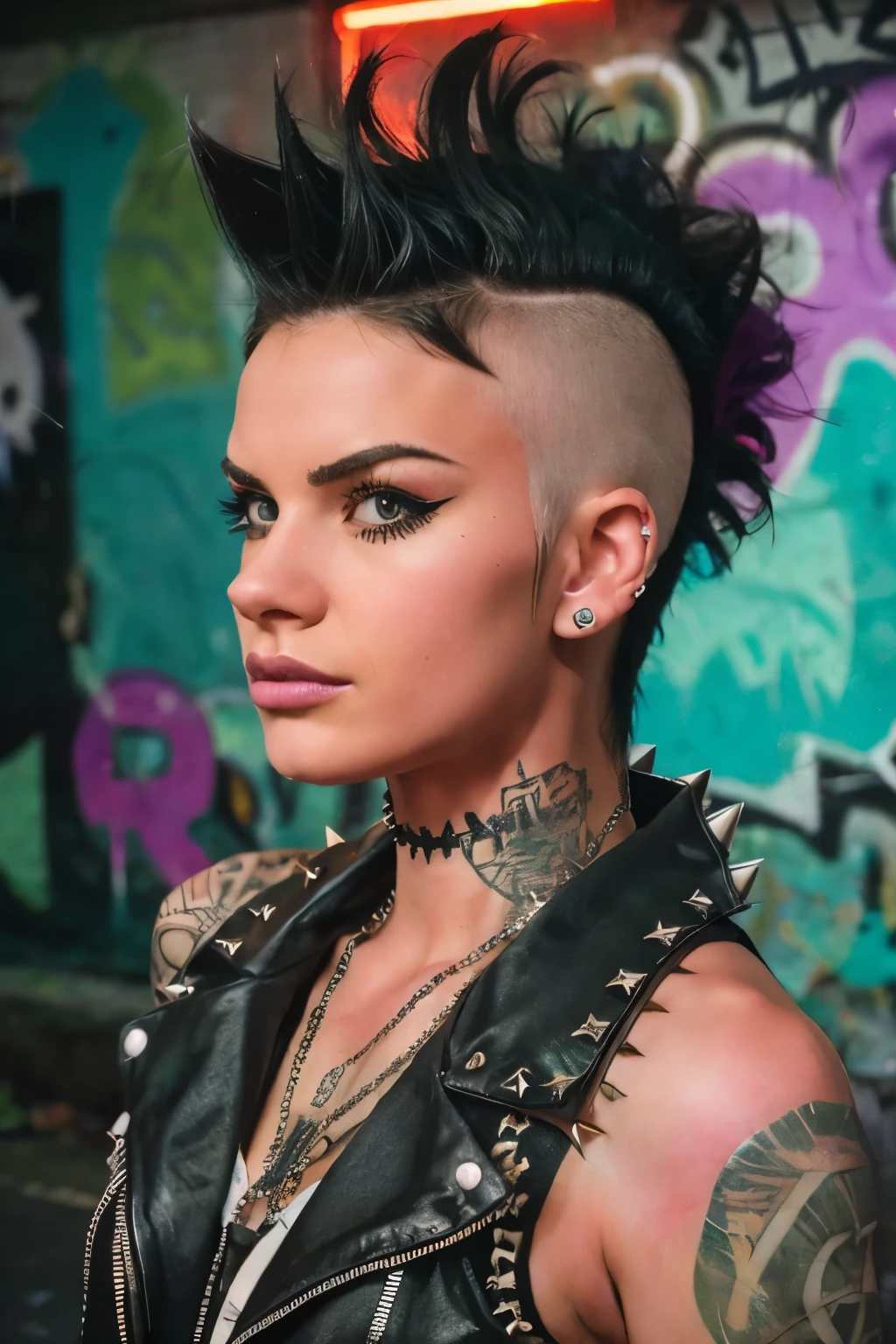 Photorealistic, ultra-detailed, ((Rocker punk girl, spiky mohawk hair)) girl, portrait photo, Solo, dimly lit room, edgy urban scene with graffiti, dark and moody, late evening, city lights flashing, neon lighting The essence of rock and roll, fringe hair, 18 years old, assertive, confident expression, showcasing multiple piercings, blurry background, Crystal clear eyes gleaming with passion, analogue style, grunge texture, Best contrast, industrial, Instagram LUT, Professional, 4k, electrifying gaze, shot on Nikon, 50mm, shallow depth of field,  ((Abandoned Graffiti Wall Background, cinematic lighting )).