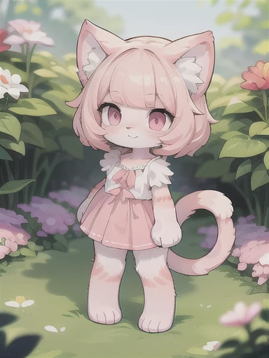 (slightly above:1.2),looking at viewer,smile,in garden,standing,depth of field,
(furry cat girl:1.2),(furry female:1),body fur,blunt bangs,pink hair,pink eyes,pink cat ears,camisole,short skirt,pink skin,cat tail,
full body,