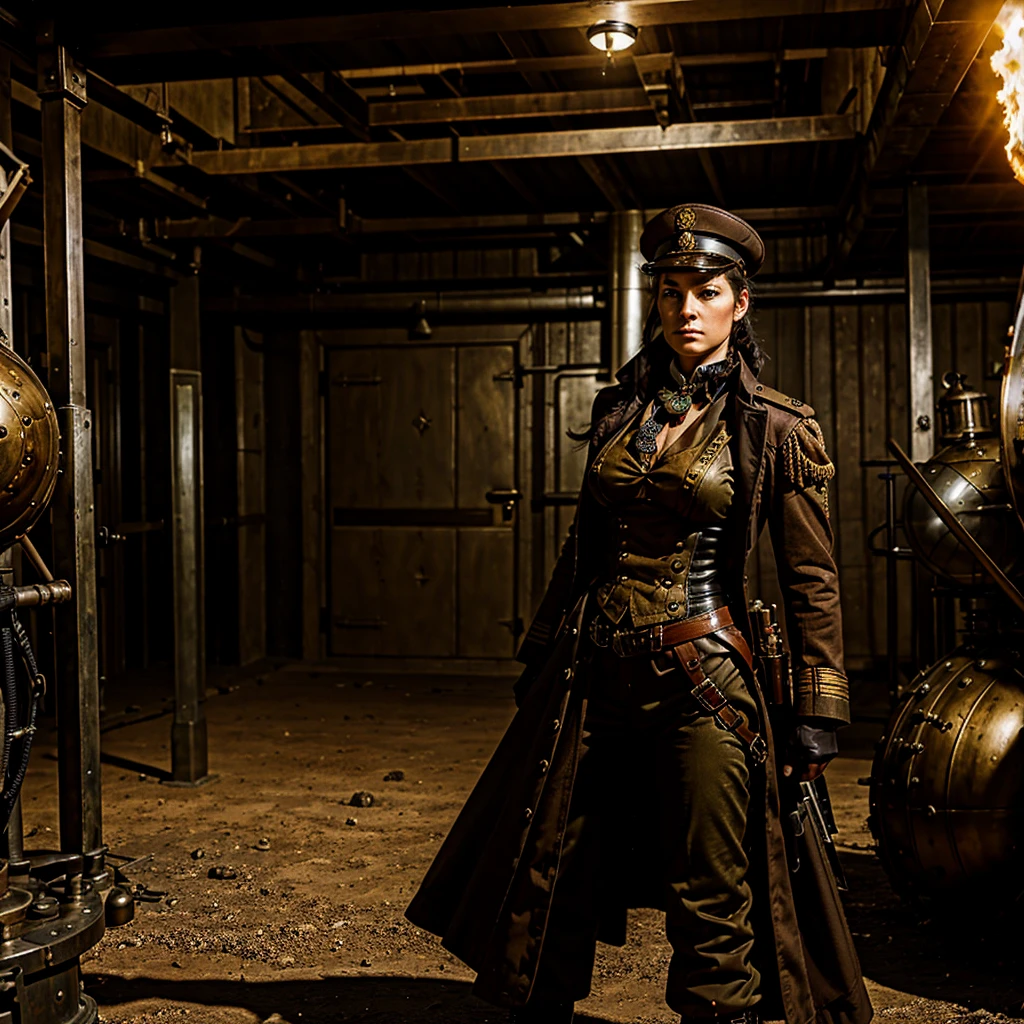 a woman in a steampunk military uniform is ready to fight in a battlefield, surrounded by threatening surreal figures.