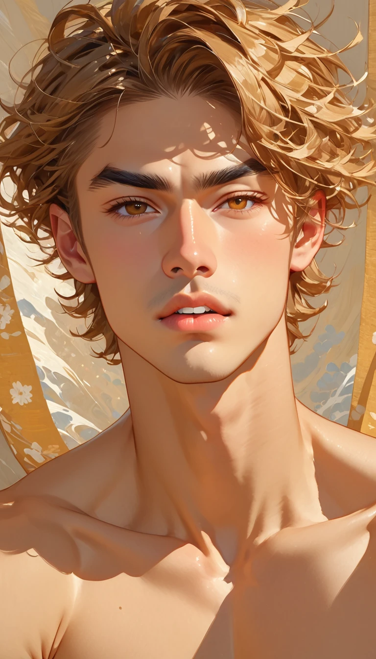 1 male, Impressionist style, Brushwork, hazel brown eyes, sharp brows, long eyelashes, skin tawny, deep tan, curtain bangs, tapered undercut, middle part, textured waves, golden brown hair, highlights, almond eyes, slight upward tilt at outer corners, strong facial features, hair is a mop of tousled waves, voluminous hair , Adam's Apple, lower back dimples, canine teeth slightly set back (one chipped), rough and tumble, defined/sharp jawline, faint cleft, high cheekbones, lips (dark coral, plush, deep commissures, Cupid's bow), thick flat brows with a slight arch (nick scar on right), straight nose (narrow bridge), small mole near ear, smooth face, no facial hair, blonde eyebrows, naked, whimpering, jerking off, one hand covering mouth, one eye closed, full body shot, penis out, blindfolded.