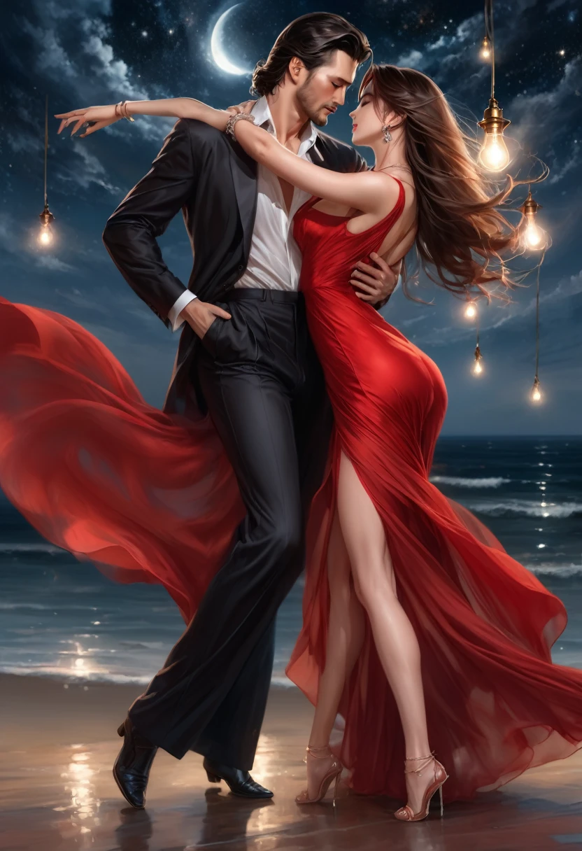 a masterpiece, stunning detail, an action shot, low angle, (top quality)), ((masterpiece)), a very long hair girl, woman tokin_hat,, transparent long red dress, dance tango with a man, lamps, brown hair, shirt, black hair, 1boy, cleavage, jewelry, tango, hetero, multiple couples, pants, looking at another, bracelet, transparent dress, ,outdoors, full moon, strong wind, outdoors, full body, starry sky, at sea,,outdoors,(tango:1.2)