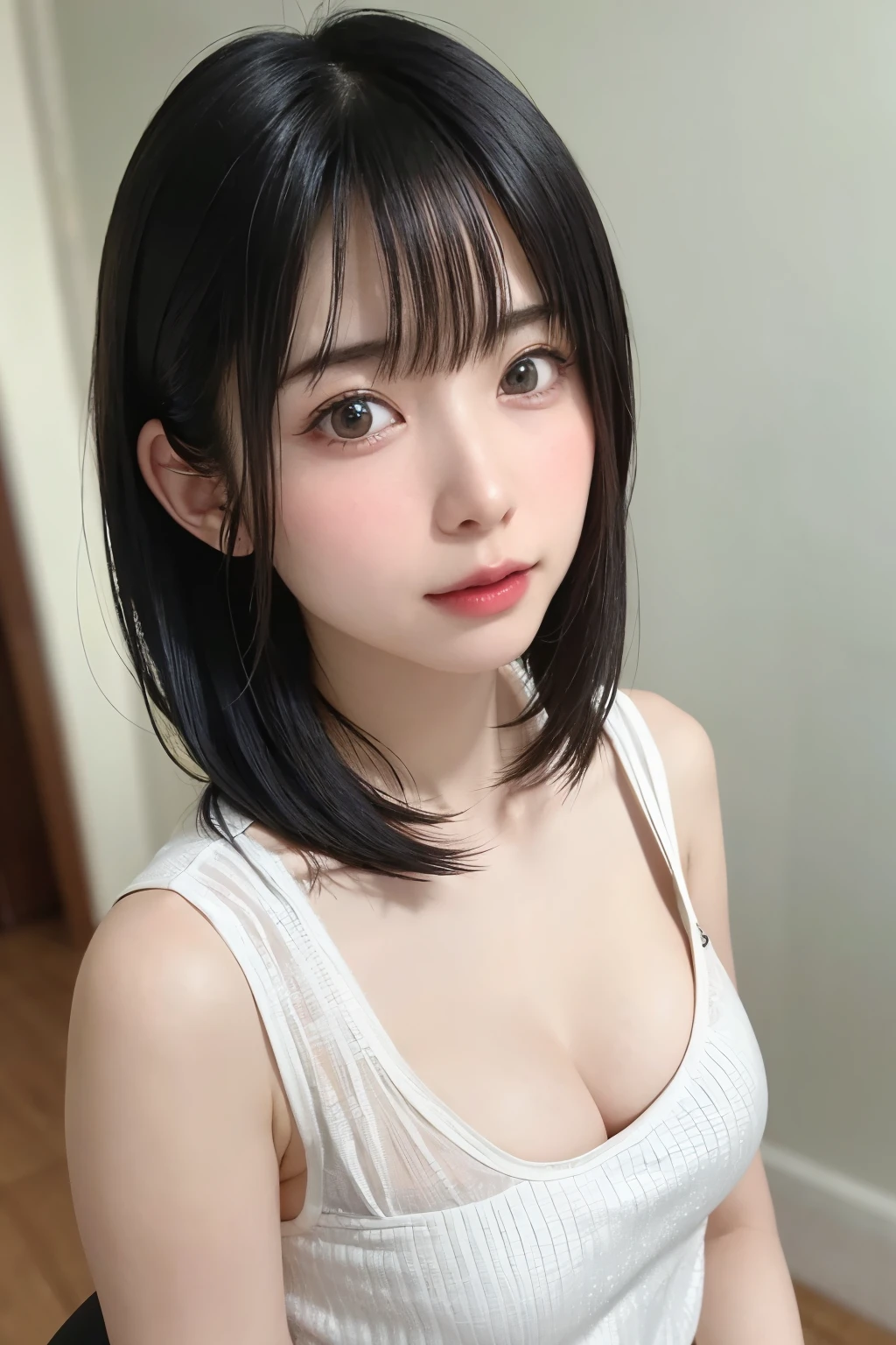 Everything is beautifully detailed:1.6,masterpiece、Highest quality、1 girl, alone, alone focus, Cowboy Shot, Portraiture, Larger clothes, Blue and white hoodie, half水彩画, half, ((Black Hair)), (Shiny Hair), (Gradient Hair :1.5), Curly Hair, ((Beautifully drawn delicate eyes)), Very detailedな目, Sunburn, (Dark caramel skin:1.1), Highest quality, Very detailed, White Background, Simple Background、{Huge|big|Hugeな|Mega} chest:2, chestの谷間:2、開けたchest、Perfect Anatomy、Cute Smile、((short hair:1.8、Short Bob Hair、bangs))、Listen carefully、Beautiful long neck、Perfect Anatomy