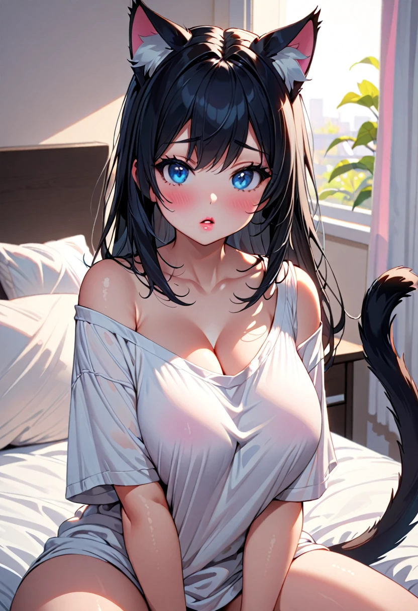 solo female, sitting on bed, oversized t-shirt, large breasts, young, very large breasts, blue eyes, straight long black hair, cat ears, cat tail, confused, morning, w sitting, very cute, childish, curvaceous, close up, parted lips, pink lips, cleavage, one bare shoulder