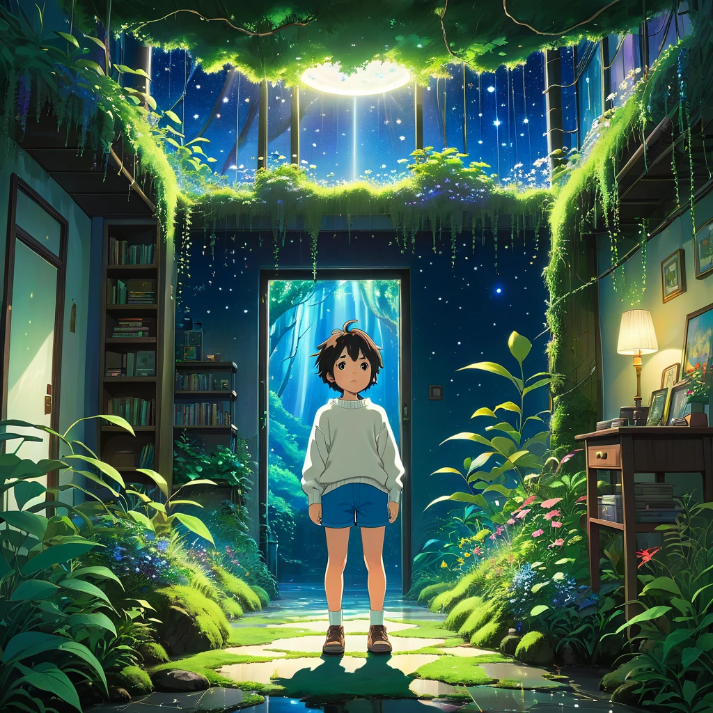 A cartoon toddler boy in white sweater and blue shorts stands amidst a room adorned with lush plants and a lush nocturne forest scenario, a hole in the ceiling adorned with moss and vines reveals a starry night, biophilic and solarpunk place, colorful wildflowers, encapsulated in an anime background reminiscent of Makoto Shinkai's and Cyril Rolando's artistry. The ambiance echoes the enchanting style of Studio Ghibli, with a magical environment that could belong to a Ghibli anime movie, all rendered in the beautiful and distinctive art style of Makoto Shinkai.