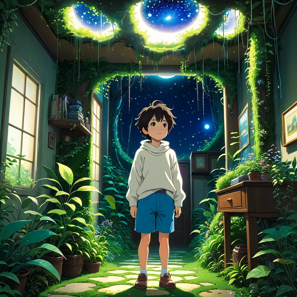 A cartoon toddler boy in white sweater and blue shorts stands amidst a room adorned with lush plants and a lush nocturne forest scenario, a hole in the ceiling adorned with moss and vines reveals a starry night, biophilic and solarpunk place, colorful wildflowers, encapsulated in an anime background reminiscent of Makoto Shinkai's and Cyril Rolando's artistry. The ambiance echoes the enchanting style of Studio Ghibli, with a magical environment that could belong to a Ghibli anime movie, all rendered in the beautiful and distinctive art style of Makoto Shinkai.