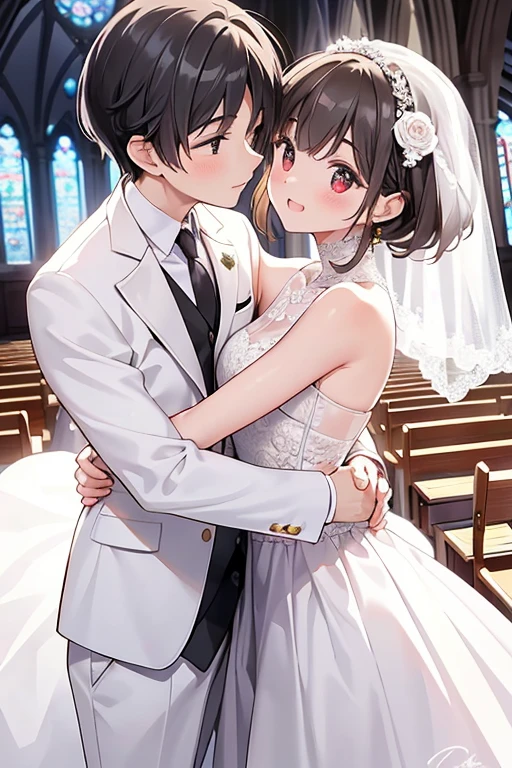 {{{masterpiece}}}, {{{Best Quality}}}, {{ultra detailed}}, {NSFW}, {{an extremely delicate and beautiful、 beautiful detailed eyes}}church background,((Man and woman hugging and kissing))、(man in white suit:2.0)、(rubio、half up、Red eyes、small curve 1.2、Beautiful 、Wedding dress、、)、、cinematic angle:1.5、