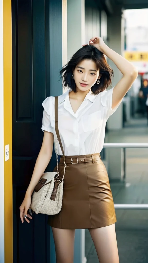 arafed asian woman in a white shirt and brown skirt, cute korean actress, korean women's fashion model, sun yunjoo, sha xi, jia, heonhwa choe, korean girl, female actress from korea, hwang se - on, shin min jeong, lee ji - eun, lee ji-eun, with short hair, kiko mizuhara