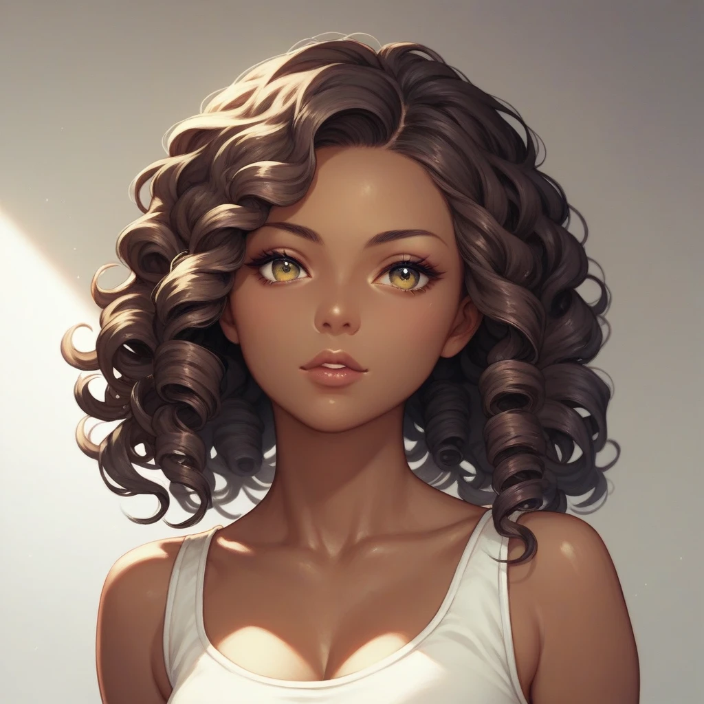 1girl, latin girl, long curly hair, dark brown hair, dark eyes, olive eyes