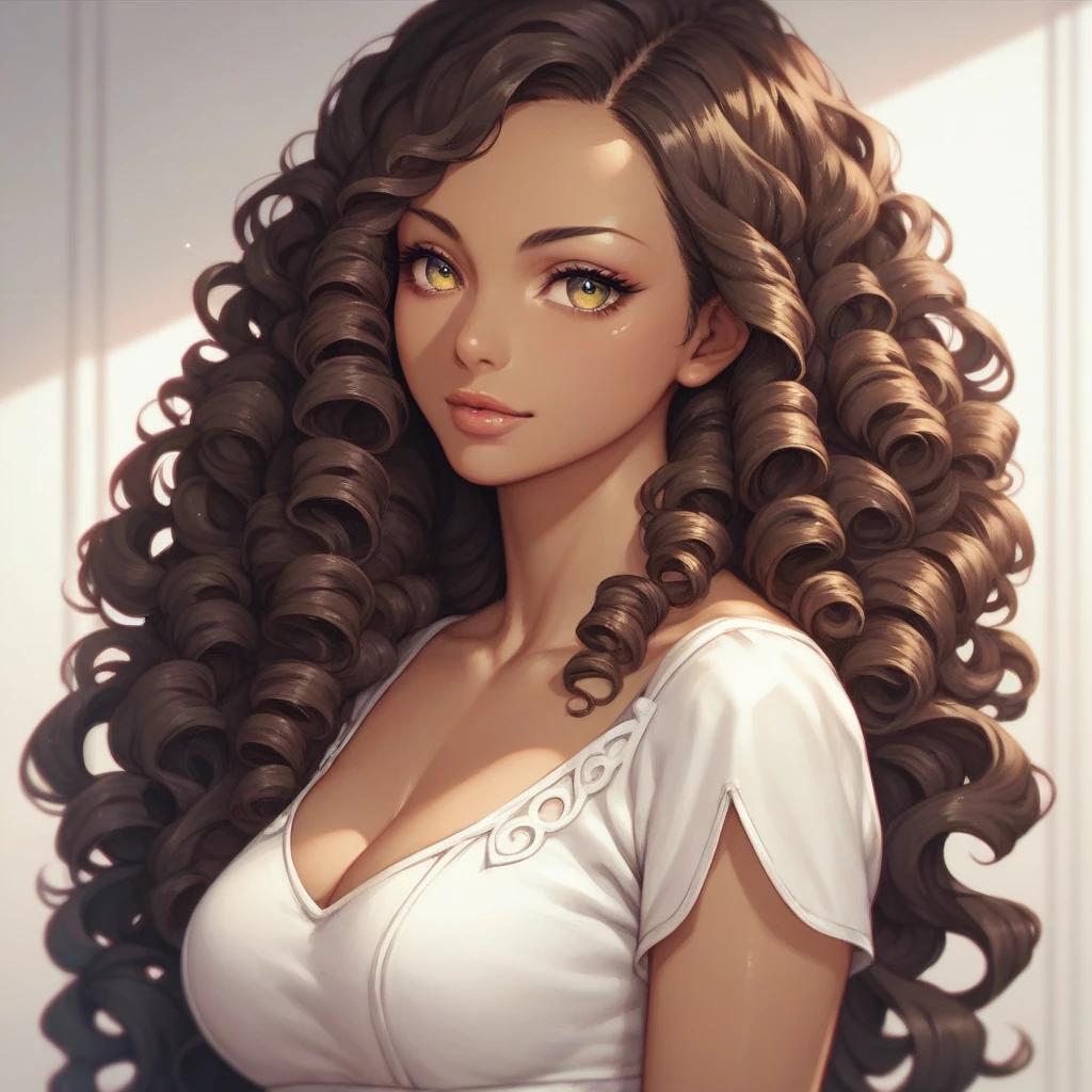 1girl, latin girl, long curly hair, dark brown hair, dark eyes, olive eyes