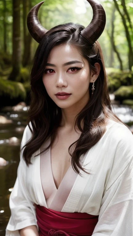 tiefling:1.2, alone, One girl, Small horn, 10 inches tall, Long Hair, whiteの髪, white colored skin, lips,sexyなやい歯、 Full body, jewelry, kimono, Blurred background, Realistic:1.3, Depth of written boundary, Forest stream, (Perfect body, Beautiful Face, eye shadow, Beautiful red eyes, Detailed face), (sexy, Fascinating), (photoRealistic:1.6), (Mature Adult:1.25) white colored skin (white_skin)