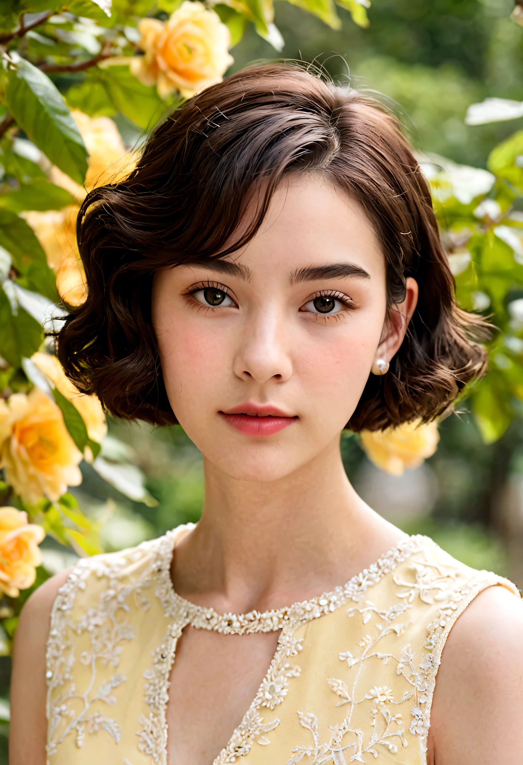 ((without hat:1.2)_thick perm short hair,  female upper body)), beautiful  face, pale skin, Simple pastel yellow dress, elegant portrait, 8k stock photos,