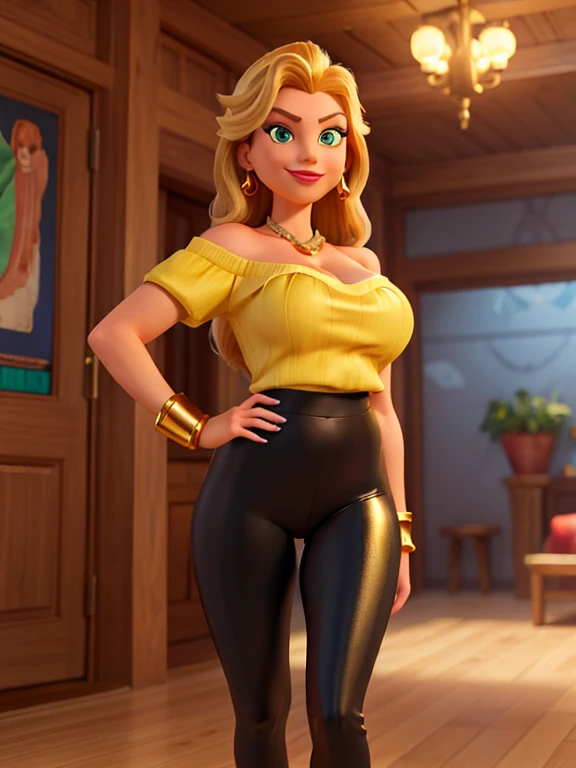 In the style of a 3D Disney movie, 4k, highly detailed, 36 year old woman, standing at approximately 5'1" tall, tan-olive skin, long blonde hair, green eyes, mascara, red lipstick, closed lips, closed mouth, slim physique, medium breasts, cleavage, (Wearing: shiny black leggings and yellow off-shoulder top, golden bracelets), hands on hips, wide smile, smug look on face, looking at viewer. In the Pixar, Disney style, Unreal 8k octane rendering engine
