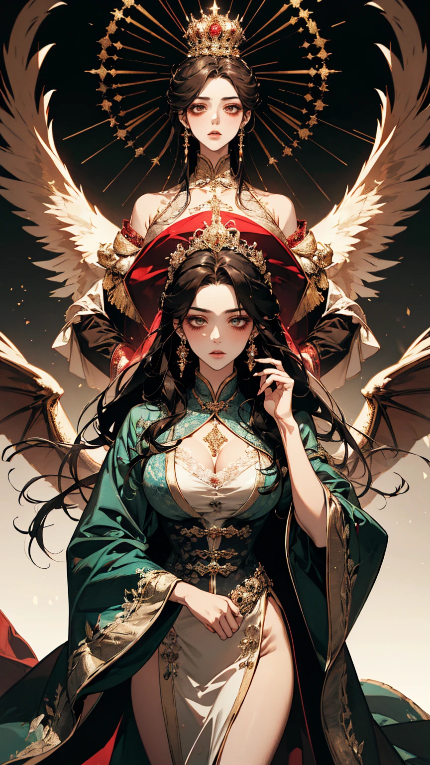 {
"prompt": "Empress Xian Li, the Eternal Crescent, a highly detailed illustration in a 4K resolution. She is depicted with fair, flawless skin and long, straight raven-black hair styled in an intricate updo adorned with an elaborate crown made of gold and precious jewels. Her piercing cold gray eyes and deep red lips provide a stark contrast to her pale complexion. Xian Li wears resplendent imperial robes made from the finest silks, in shades of deep red, black, and gold, with intricate embroidery and delicate lace. The robes feature symbols of the crescent moon, dragons, and phoenixes. The background includes elements of the imperial palace, with grand pillars, opulent tapestries, and a majestic throne, emphasizing her divine authority and the grandeur of her reign. She has a serene and emotionless expression, highlighting her royal status and ethereal beauty.",
"size": "1024x1792"
}