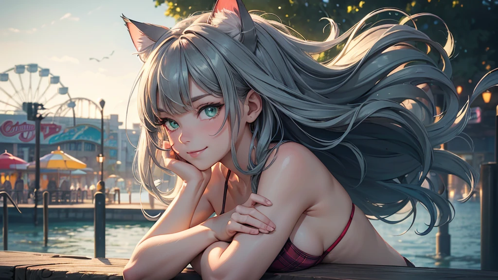 (high resolution, upper body, soft skin:1.2),(best illustration,masterpiece:1.2),ultra-detailed,[(cat ears , grey inside:1.2, green eyes),vivid colors,sharp focus,portrait,misty lighting,bokeh, wearing a plaid bikini, amusement park beach waterfront, ferris wheel in background, low light, smiling, arms behind head
