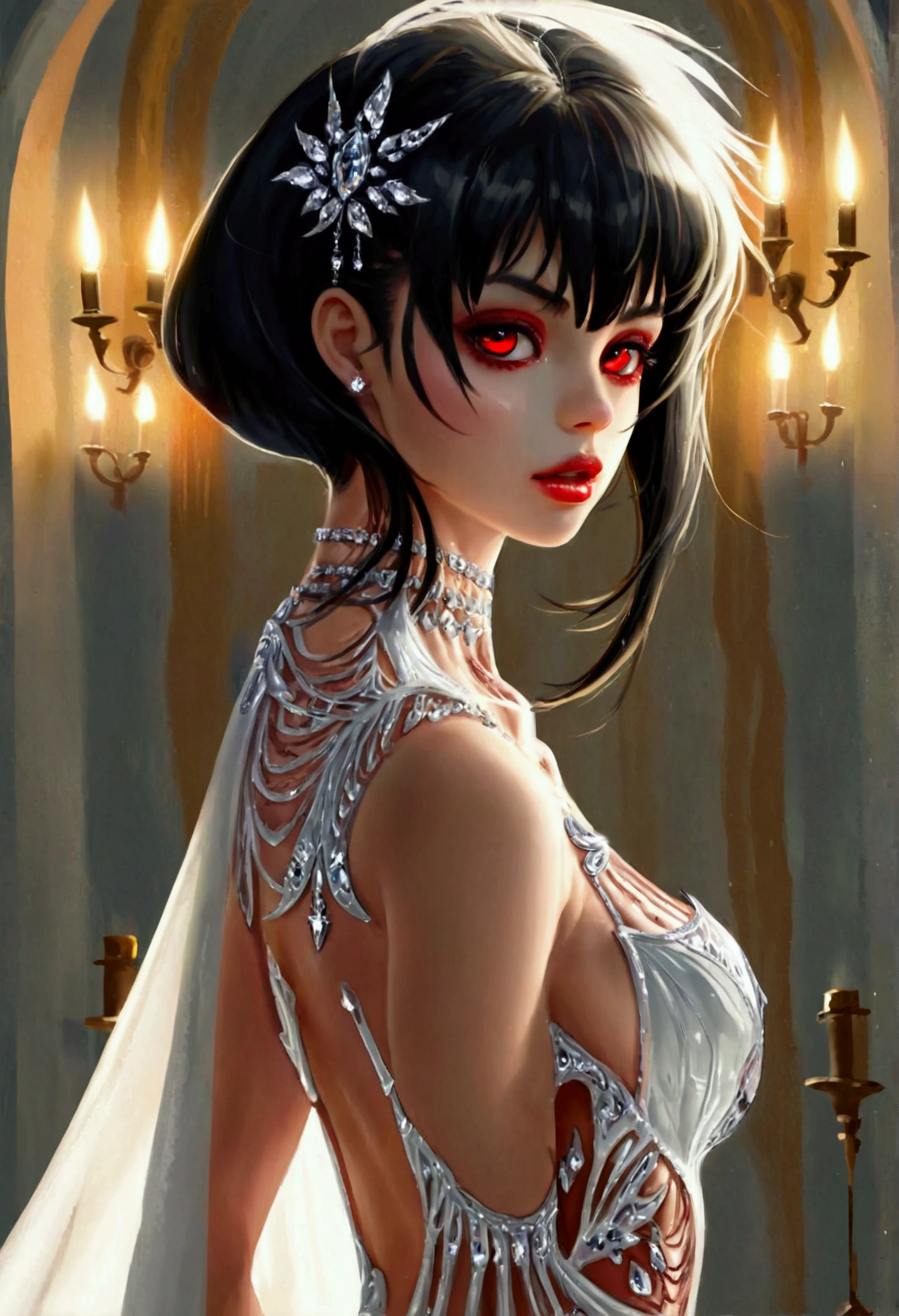 a glamour picture shot, of an elite vampire model, walking on a (dark catwalk: 1.2), an extraordinary glamourous elite female vampire model, ((full body: 1.5)),  ((anatomically correct: 1.5), (ultra detailed face: 1.2), best detailed face, black hair, long hair, lush hair, glam hair cut, red eyes, delicate face, light make up, wearing intricate white detailed dress, glamour dress, haute couture dress, elite fashion dress, white dress, decorated with diamonds,  small cleavage, wearing high heels, elegant high heels, she wears diamond necklace, elite fashion show background, vibrant, Hyperrealism style, vibrant, Ultra-high resolution, High Contrast, (masterpiece:1.5), highest quality, Best aesthetics), best details, best quality, highres, ultra wide angle, 16k, [ultra detailed], masterpiece, best quality, (extremely detailed) RAW, chumbasket art style, rpg portrait, photograph, BloodSoakedAI, vampire teeth