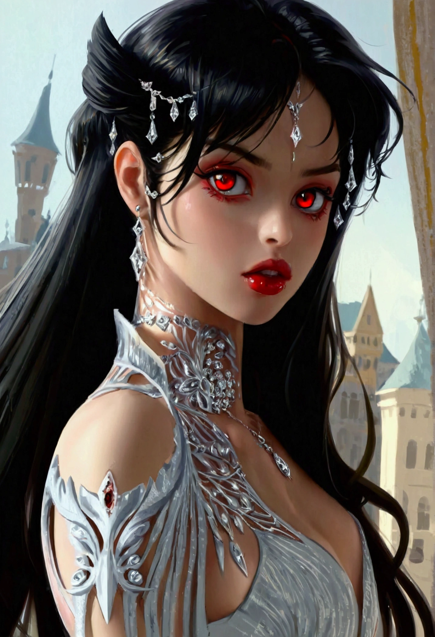 a glamour picture shot, of an elite vampire model, walking on a (dark catwalk: 1.2), an extraordinary glamourous elite female vampire model, ((full body: 1.5)),  ((anatomically correct: 1.5), (ultra detailed face: 1.2), best detailed face, black hair, long hair, lush hair, glam hair cut, red eyes, delicate face, light make up, wearing intricate white detailed dress, glamour dress, haute couture dress, elite fashion dress, white dress, decorated with diamonds,  small cleavage, wearing high heels, elegant high heels, she wears diamond necklace, elite fashion show background, vibrant, Hyperrealism style, vibrant, Ultra-high resolution, High Contrast, (masterpiece:1.5), highest quality, Best aesthetics), best details, best quality, highres, ultra wide angle, 16k, [ultra detailed], masterpiece, best quality, (extremely detailed) RAW, chumbasket art style, rpg portrait, photograph, BloodSoakedAI, vampire teeth