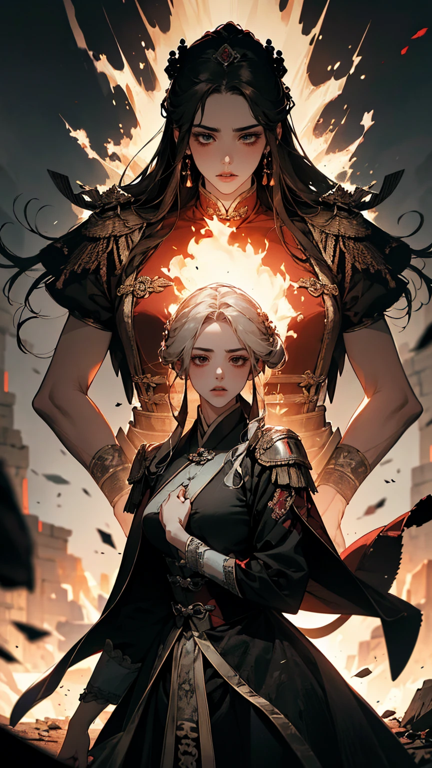   "prompt": "A highly detailed, 4K resolution illustration depicting the massacre of 400,000 Hanyue prisoners by Empress Xian Li. The scene shows the ruins of the last stronghold of the Kingdom of Hanyue, with the aftermath of the massacre clearly visible. Empress Xian Li stands at the forefront, her face cold and emotionless, symbolizing her unyielding resolve and the extent of her vengeance. The background includes the remains of the stronghold, with bodies of prisoners scattered, Eternal Empire soldiers carrying out the grim orders, and fires burning in the distance. The illustration captures the brutality and horror of the massacre, as well as the Empress's commanding presence amidst the devastation.",
