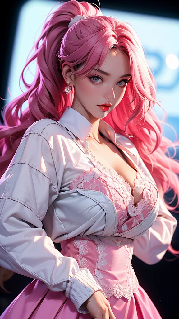 23-year-old beauty, exquisite makeup, cool, red lips, (multiple hair colors), high ponytail, wavy hair, big natural breasts, deep cleavage, ((pink lace underwear)), ((white shirt)), cardigan, short skirt. ((upper body)), with the library in the background. solo. Masterpiece, best quality, ultra high definition, 4k, high contrast, bokeh: 1.2, dynamic poses, perfect face shape, perfect proportions, slim waist, fair skin, natural full breasts. (Reality: 1.2), (Sharp Focus), (Distribution: 1.2), (Split: 1.3), (Ambient Light).
