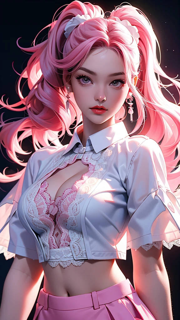 23-year-old beauty, exquisite makeup, cool, red lips, (multiple hair colors), high ponytail, wavy hair, big natural breasts, deep cleavage, ((pink lace underwear)), ((white shirt)), cardigan, short skirt. ((upper body)), with the library in the background. solo. Masterpiece, best quality, ultra high definition, 4k, high contrast, bokeh: 1.2, dynamic poses, perfect face shape, perfect proportions, slim waist, fair skin, natural full breasts. (Reality: 1.2), (Sharp Focus), (Distribution: 1.2), (Split: 1.3), (Ambient Light).

