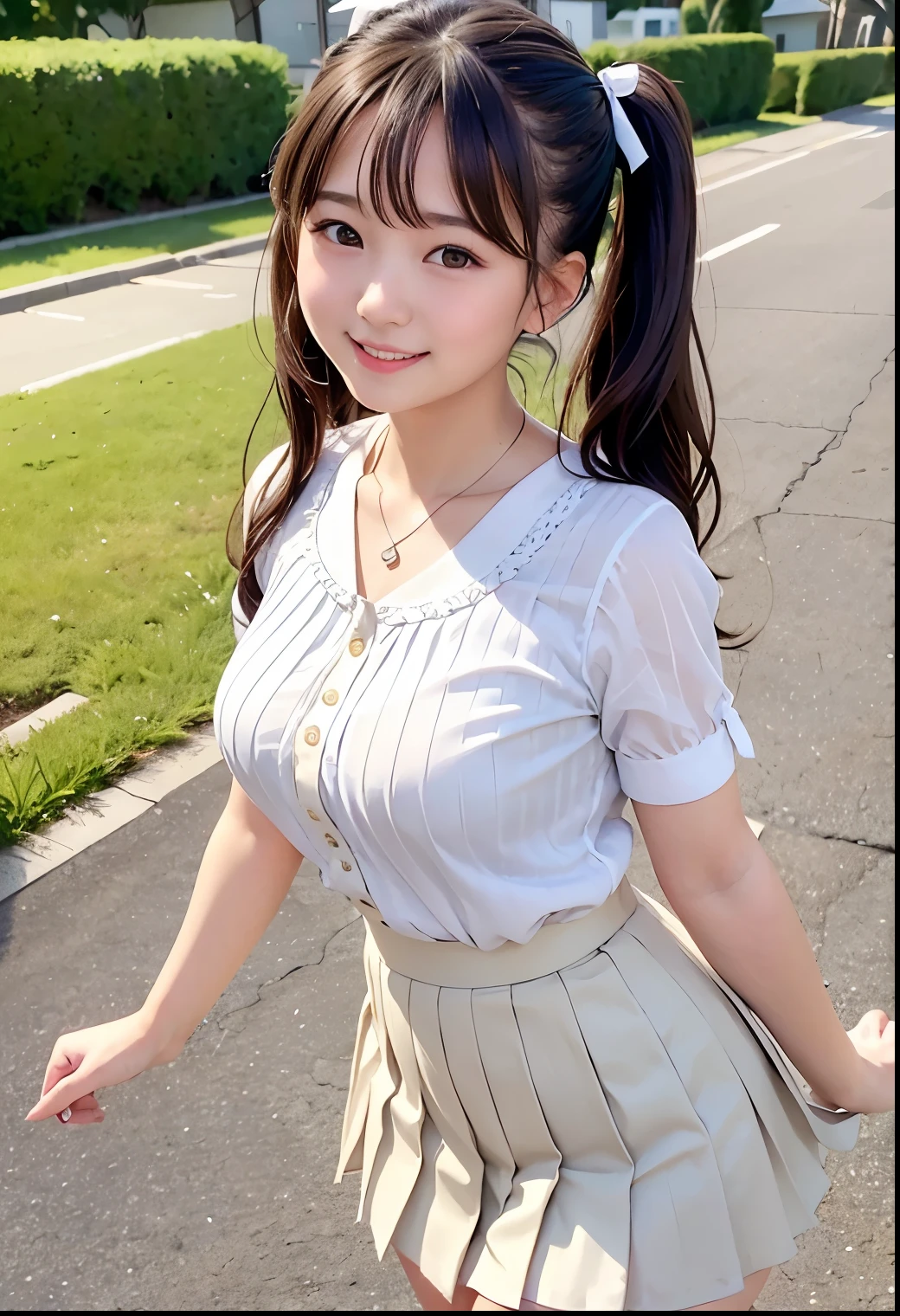 (Highest quality,masterpiece:1.3,Ultra-high resolution),(Very detailed、Caustics) (Realistic:1.4, RAW shooting、)Ultra-Realistic Capture、Very detailed、Natural skin texture、masterpiece、(A Japanese ***************** girl wearing a white blouse and pleated skirt:1.3)、Adorable expression、Expressions of happiness、************、height: 140cm、*********、*********、Amazingly cute、Twin tail hairstyle、Curly Hair、ribbon、Black Hair、Large Breasts、Shining thighs、Shining ass、necklace、Sidewalk in a residential area、Background details、smile、An inviting gaze、(Anatomically correct)、Cowboy Shot、Attention to detail、