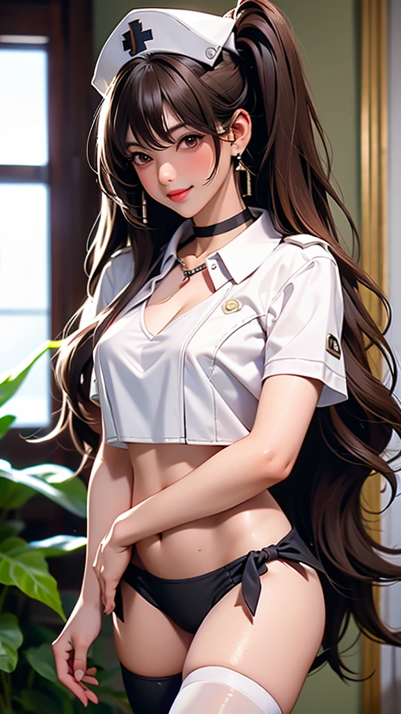 1girl, solo, long hair, breasts, looking at viewer, blush, smile, bangs, brown hair, black hair, thighhighs, hat, navel, cleavage, brown eyes, jewelry, medium breasts, underwear, panties, short sleeves, thighs, earrings, choker, black thighhighs, indoors, white panties, collar, covered nipples, lips, crop top, window, thigh strap, cross, no pants, side-tie panties, nurse cap, nurse
