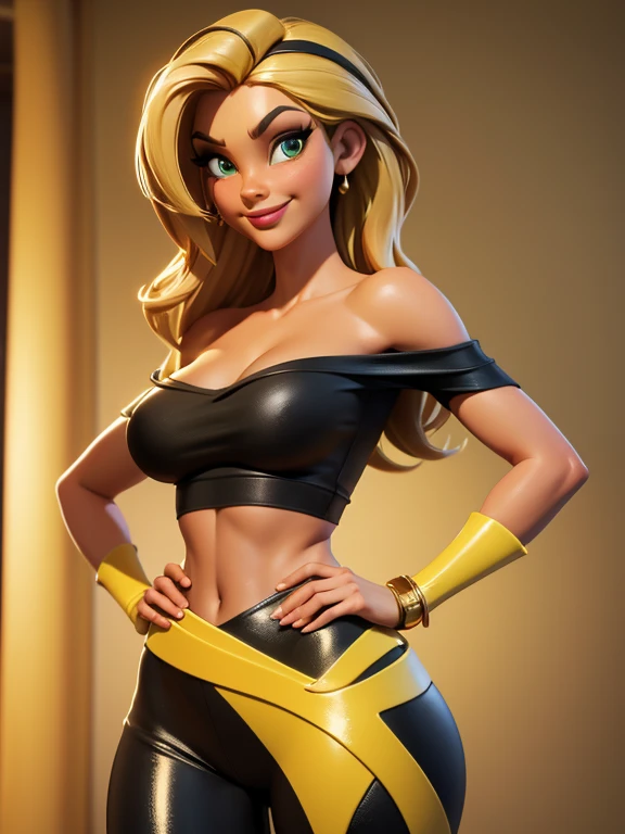 In the style of a 3D Disney movie, 4k, highly detailed, 36 year old woman, standing at approximately 5'1" tall, tan-olive skin, long blonde hair, green eyes, mascara, red lipstick, closed lips, closed mouth, slim physique, medium breasts, cleavage, (Wearing: shiny black leggings and yellow off-shoulder top, golden bracelets), hands on hips, wide smile, smug look on face, looking at viewer. In the Pixar, Disney style, Unreal 8k octane rendering engine