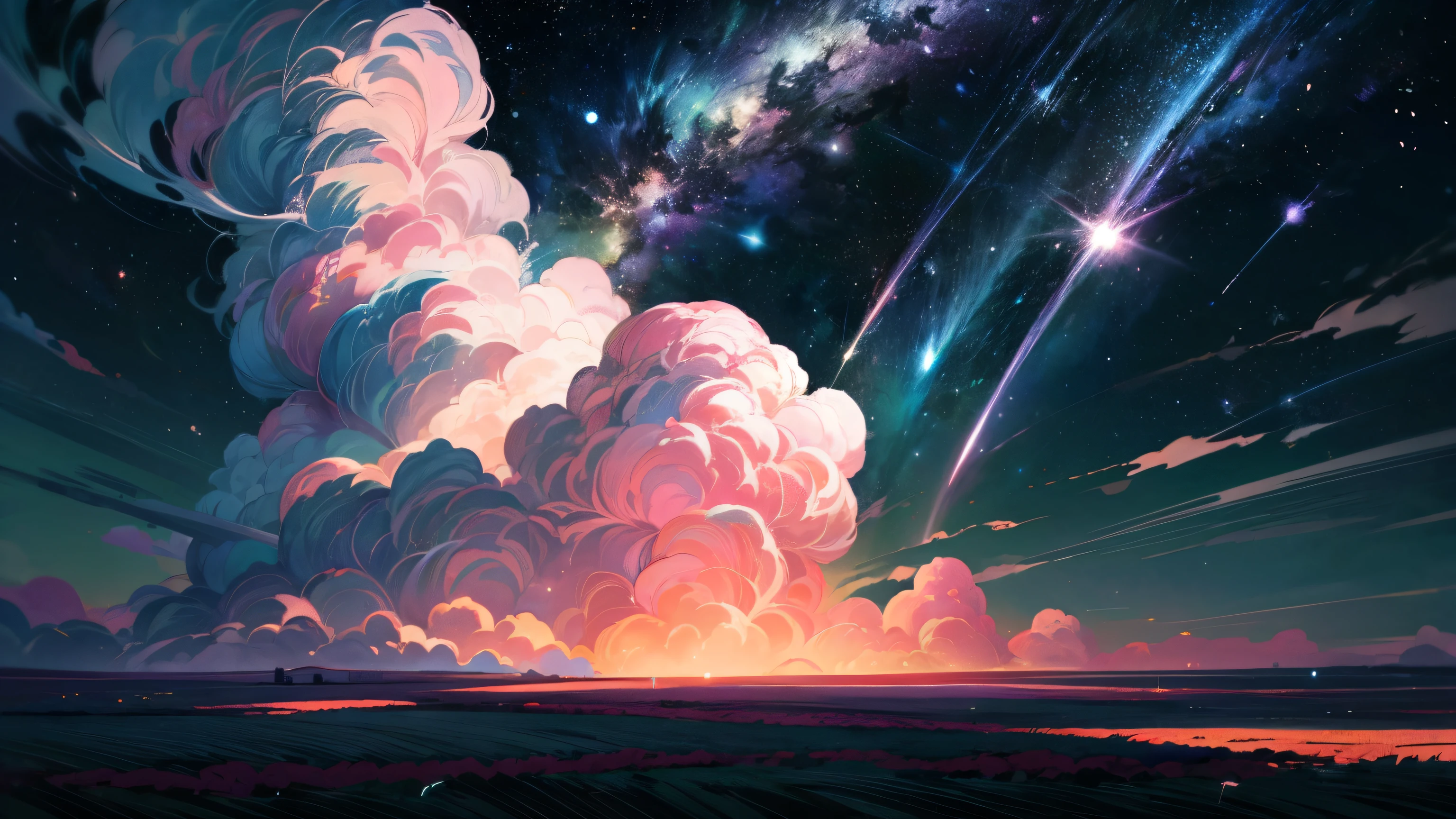 no people, landscape, anime, clouds, cuteness, pink clouds, milky way, milky way in the sky, milky way visible, many stars, green field, ate in flowers, field, many plants