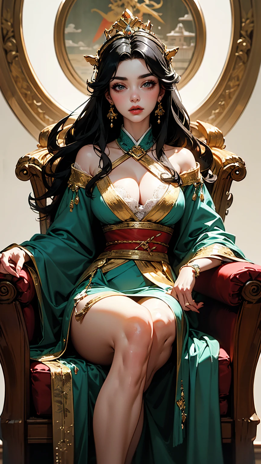 { "prompt": "Empress Xian Li, the Eternal Crescent, a highly detailed illustration in a 4K resolution. She is depicted with fair, flawless skin and long, straight raven-black hair styled in an intricate updo adorned with an elaborate crown made of gold and precious jewels. Her piercing cold gray eyes and deep red lips provide a stark contrast to her pale complexion. Xian Li wears resplendent imperial robes made from the finest silks, in shades of deep red, black, and gold, with intricate embroidery and delicate lace. The robes feature symbols of the crescent moon, dragons, and phoenixes. The background includes elements of the imperial palace, with grand pillars, opulent tapestries, and a majestic throne, emphasizing her divine authority and the grandeur of her reign. She has a serene and emotionless expression, highlighting her royal status and ethereal beauty.", "size": "1024x1792" }
