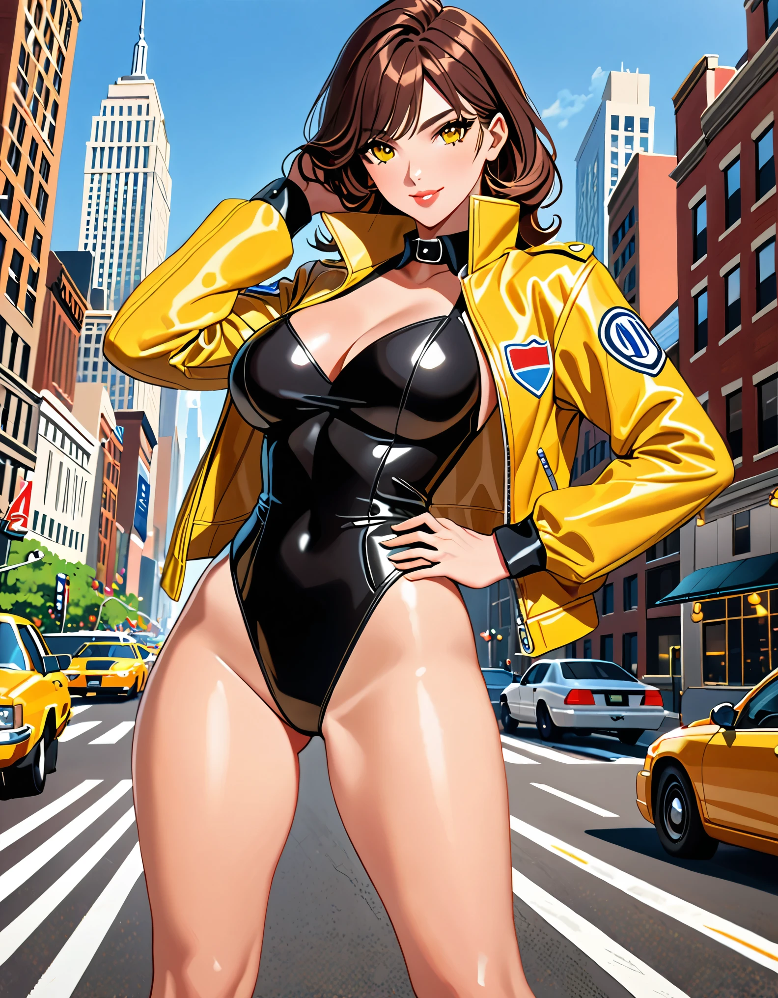 (masterpiece), (best quality), (high res), 1lady, beautiful detailed eyes, beautiful detailed face, perfect hands, complete fingers, perfect anatomy, perfect proportions, (april o'neil), ((leotard, black leotard, matching leotard)), ((black dress collar, open collar)), ((bare legs)), ((boots, matching boots, ankle-high boots, white boots)), breasts, medium breasts, (full body portrait), looking at viewer, (solo, solo focus), standing, one hand on hip, cowboy shot, new york backdrop, ((yellow leather jacket, open jacket)), full body costume design. sfw.