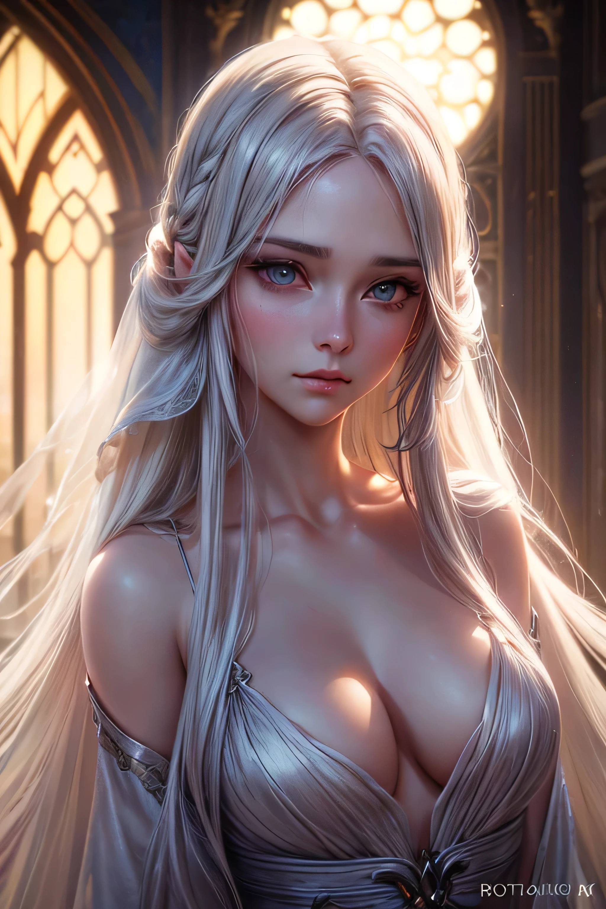 a beautiful young woman with long white hair, small breasts, looking directly at the viewer, detailed facial features, warm lighting, cinematic composition, fantasy, elegant, ethereal, (best quality,4k,8k,highres,masterpiece:1.2),ultra-detailed,(realistic,photorealistic,photo-realistic:1.37)