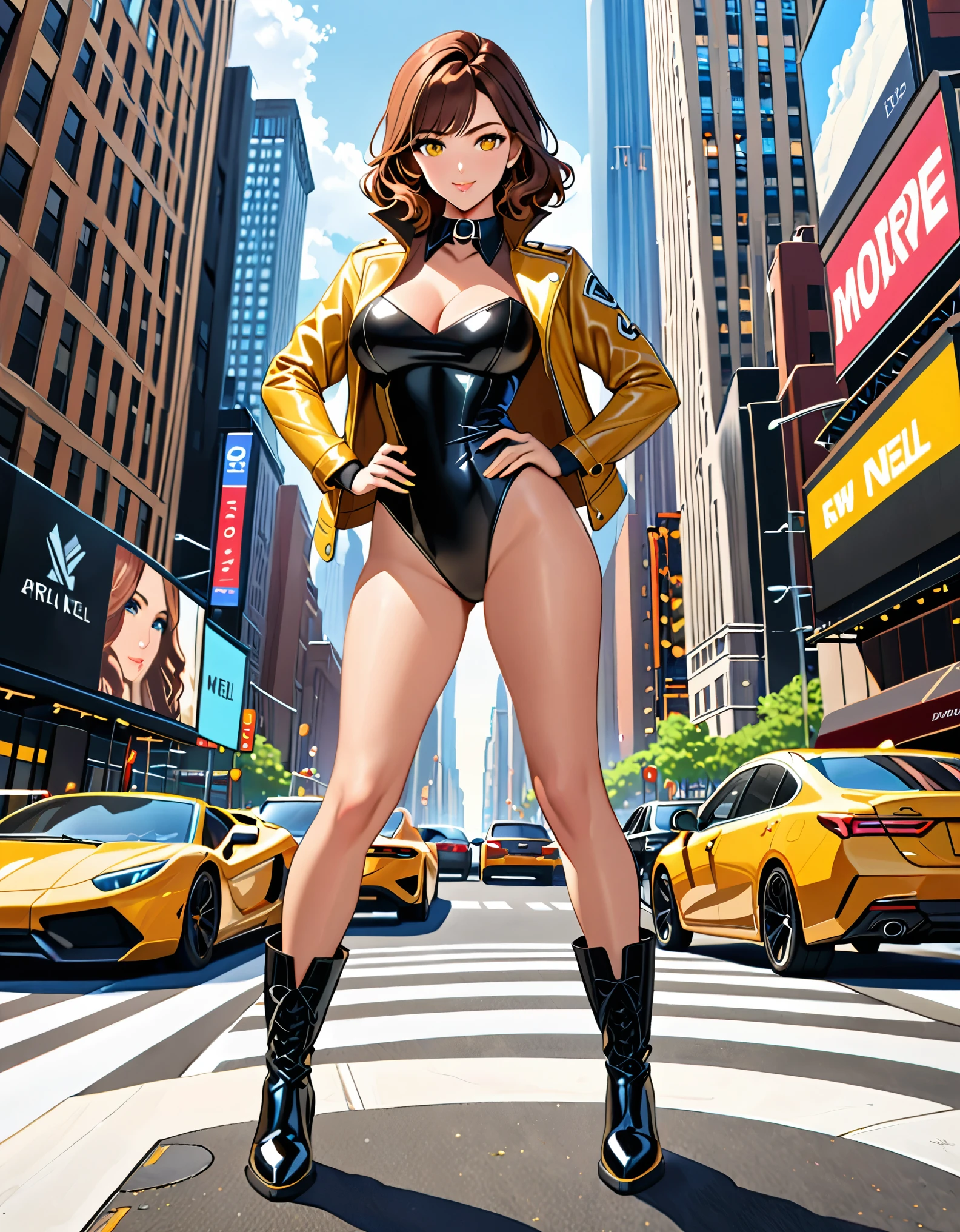 (masterpiece), (best quality), (high res), 1lady, beautiful detailed eyes, beautiful detailed face, perfect hands, complete fingers, perfect anatomy, perfect proportions, (april o'neil), ((leotard, black leotard, matching leotard)), ((black dress collar, open collar)), ((bare legs)), ((boots, matching boots, ankle-high boots, red boots)), breasts, medium breasts, (full body portrait), looking at viewer, (solo, solo focus), standing, one hand on hip, cowboy shot, new york backdrop, ((yellow leather jacket, open jacket)), full body costume design.