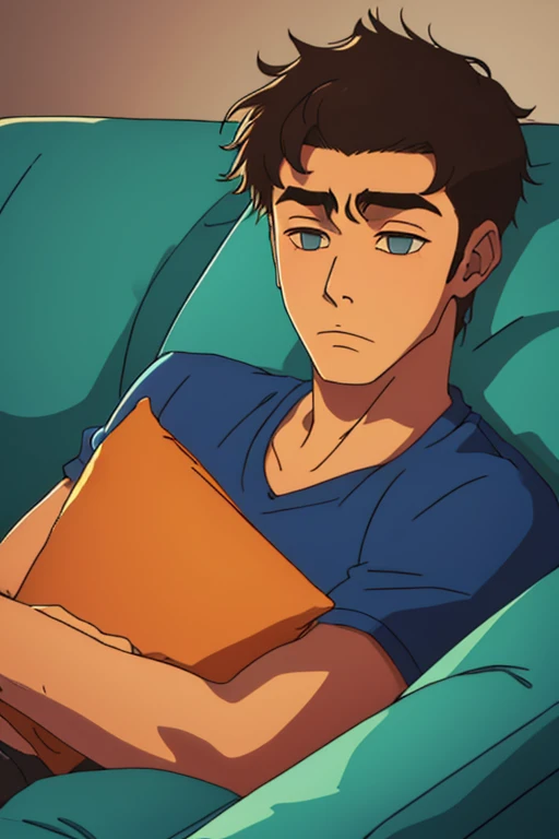 (19 year old guy, tired face), Lying on the couch, trying to relax