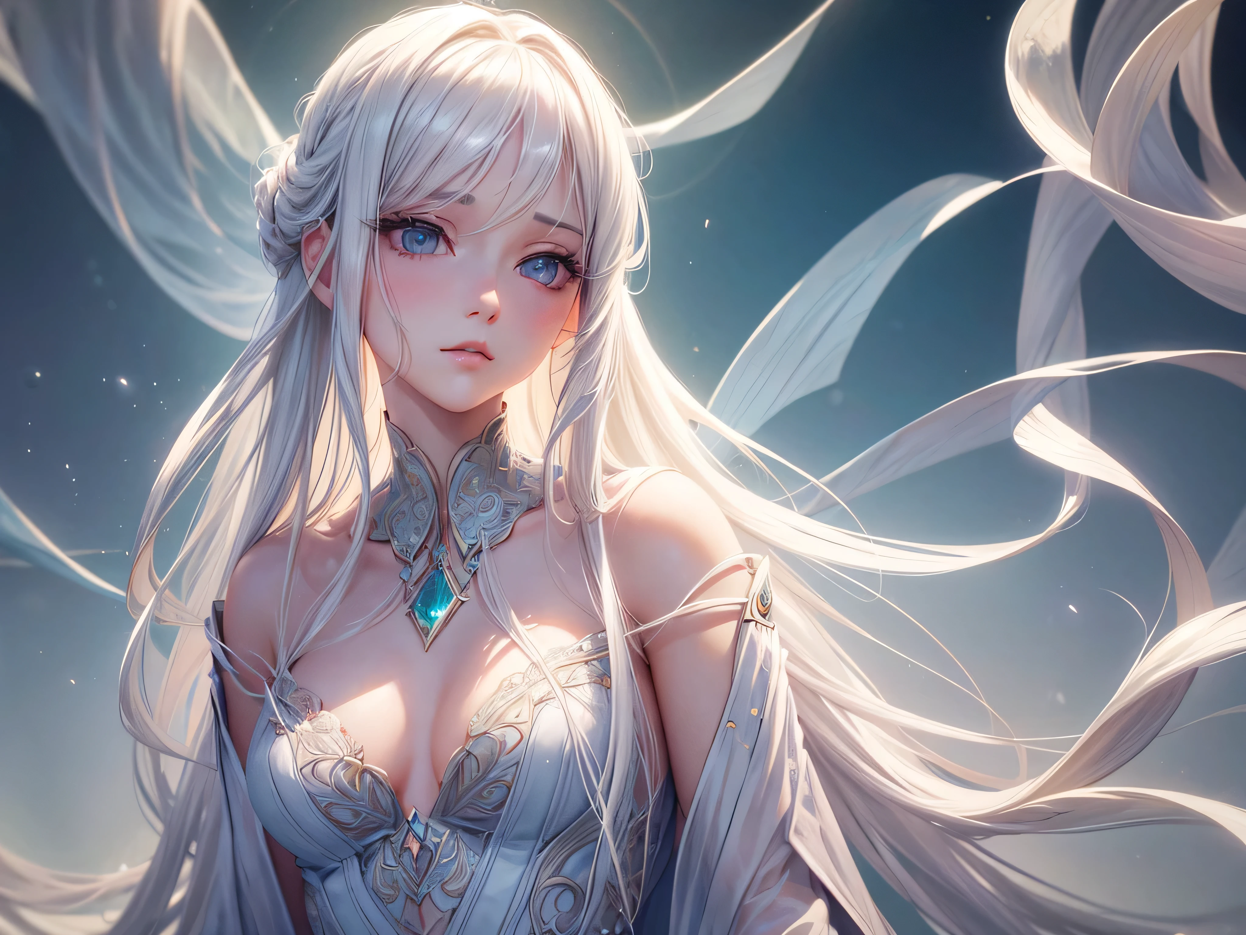 A beautiful young woman with long flowing white hair, delicate facial features, small breasts, gazing directly at the viewer, intricate details, high quality, photorealistic, cinematic lighting, soft pastel color palette, elegant, serene, ethereal
