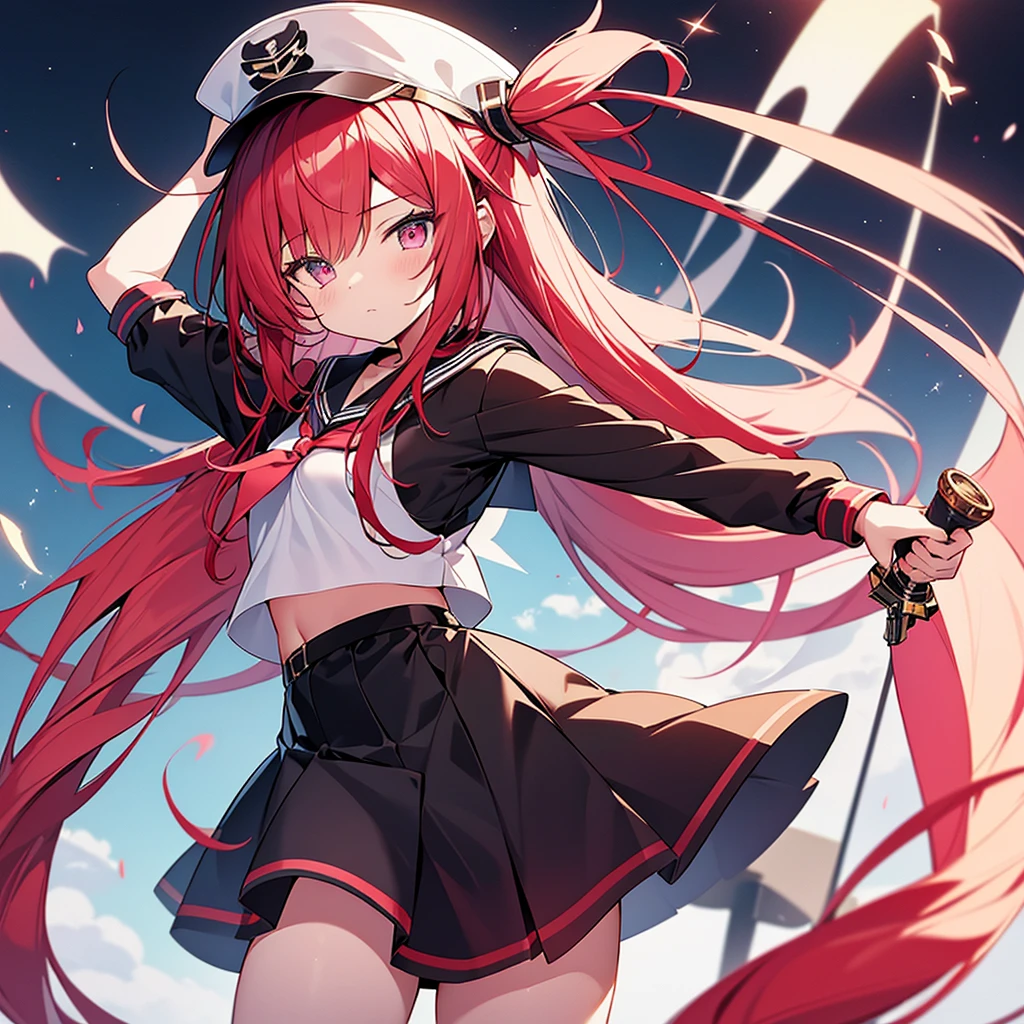 high quality,  a girl with long red hair and a sailor hat holding a sword, best anime 4k konachan wallpaper, anime fencer, cushart krenz key art feminine, anime style 4 k, splash art anime , nightcore, high quality anime artstyle, pink twintail hair and cyan eyes, anime visual of a cute girl, from arknights